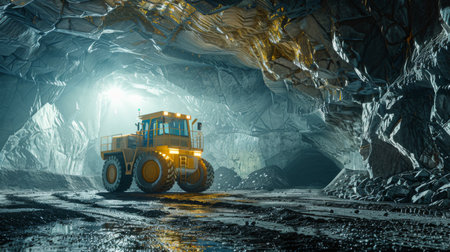Heavy Machinery Operates in a Vast Underground Mine Illuminated by Artificial Light as Miners Extract Valuable Resources. Generative AIの素材