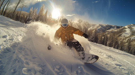 Snowboarder Carving Through Fresh Powder on a Mountain Slope During a Sunny Winter Afternoon With Trees in the Background. Generative AIの素材