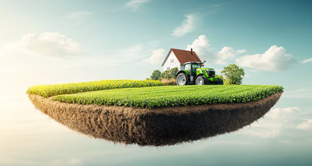Innovative smart farming concept showcasing tractor and fields in the sky. Generative AIの素材