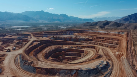 An Expansive View of a Quarry in a Mountainous Region Showing Machinery at Work Under a Clear Blue Sky. Generative AIの素材