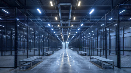 Modern Industrial Interior Showcasing Rows of Benches and Wires in a Spacious Facility Illuminated by Bright Lighting. Generative AIの素材