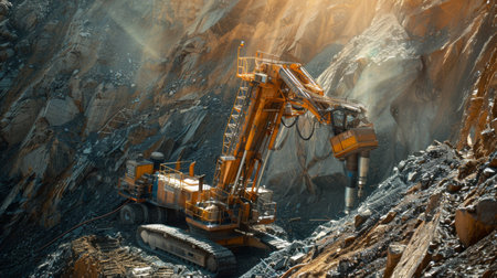 Heavy Mining Equipment Extracting Minerals From a Rocky Quarry During Early Morning Sunlight and Atmospheric Conditions. Generative AIの素材