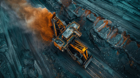 Heavy Machinery Extracts Minerals From an Open Pit Mine at Dusk, Showcasing Industrial Efforts in a Rugged Landscape. Generative AIの素材
