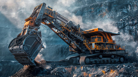 Heavy Mining Machinery Excavates Coal in an Industrial Setting During Daytime Operations. Generative AIの素材