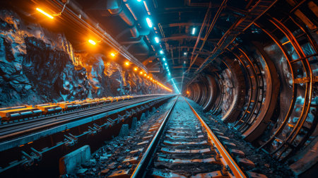 Bright Lights Illuminate the Underground Subway Tunnel Showcasing Railway Tracks and Rocky Walls at Night in a City. Generative AIの素材