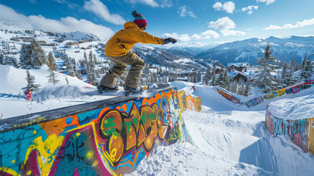 Snowboarder Performs Tricks on a Colorful Rail in a Snowy Mountain Setting During a Bright, Sunny Day in Winter. Generative AIの素材