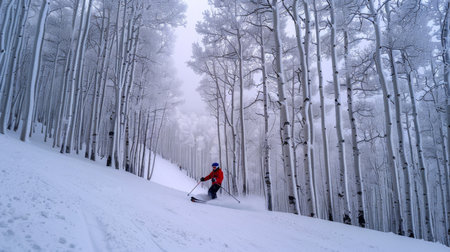 Experience the Tranquility of Gliding Through Snow Covered Aspen Trees Amidst a Peaceful Winter Landscape on a Cloudy Day, Enhanced by Generative AIの素材