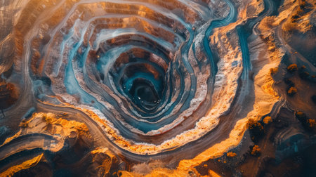 Large Open Pit Mine Surrounded by Rugged Terrain Showcases the Extraction Process at Sunset in a Remote Location. Generative AIの素材