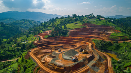 Construction and Earthmoving Activity on Hillside Quarry in a Green Mountainous Region Under a Blue Sky. Generative AIの素材