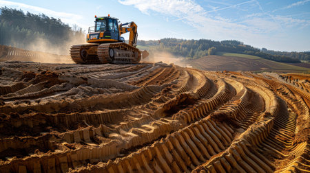 Heavy Machinery Clears Land With Precision on a Sunny Afternoon in a Rural Area, Showcasing Modern Farming Techniques. Generative AIの素材