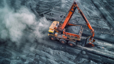 Heavy Machinery is Actively Engaged in Excavating Coal at an Open Pit Mining Site, All Taking Place Under Clear Daylight Conditions. Generative AIの素材
