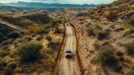 Vehicles Traveling Along a Rugged Dirt Road Near a Border Fence in a Hilly Desert Landscape During Late Afternoon Sunlight. Generative AIの素材