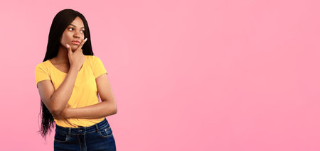 African American Lady Thinking Standing Near Blank Space, Blue Background