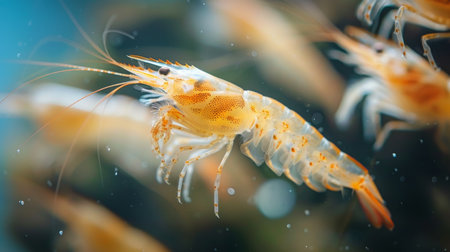 Shrimp Swimming Gracefully in a Vibrant Underwater Environment During a Sunny Day in a Coral Reef Ecosystem. Generative AIの素材