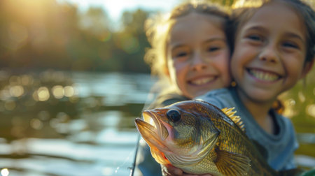 Two Smiling Girls Hold a Large Bass Fish While Enjoying a Sunny Day by the Lake During a Fishing Trip. Generative AIの素材
