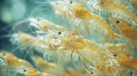 Close up View of Transparent Shrimp Swimming in a Clear Underwater Environment at a Marine Research Facility. Generative AIの素材