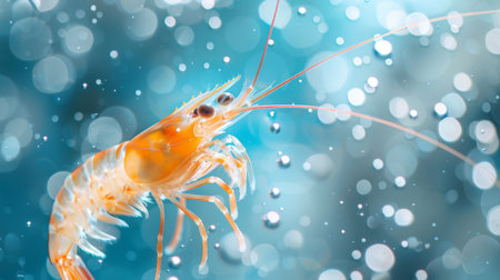 Delicate Shrimp Swimming Gracefully in the Ocean Surrounded by Bubbles in a Vibrant Underwater Setting. Generative AIの素材