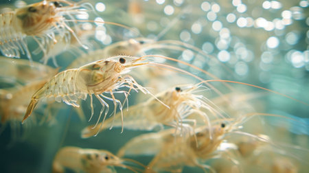 Shrimps Swimming Gracefully in a Crystal Clear Aquatic Environment Showcasing Their Delicate Movements and Features. Generative AIの素材