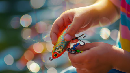 Brightly Colored Fishing Lure in a Childs Hand Close to Water During Sunny Day While Preparing for Fishing Adventure. Generative AIの素材