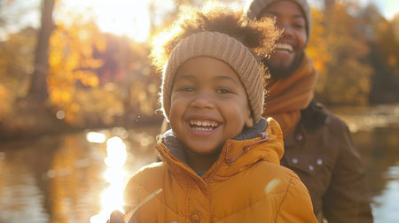 Happy Child and Adult Enjoying a Sunny Autumn Day by the Water With Colorful Leaves in the Background. Generative AIの素材