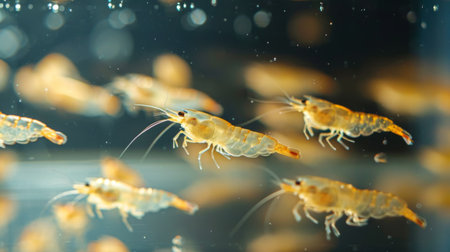 Small Shrimp Swim Gracefully in a Bright Aquarium Filled With Clear Water and Bubbles, Showcasing Vibrant Colors of Marine Life During Daylight. Generative AIの素材