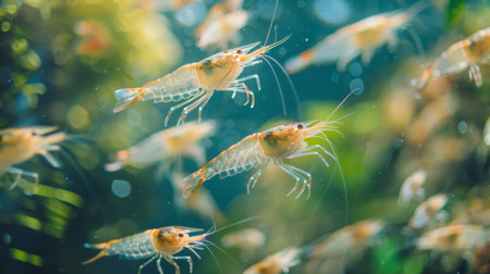 Colorful Shrimp Swimming Vibrantly in a Clear Aquarium Filled With Aquatic Plants and Gentle Water Currents During a Calm Afternoon. Generative AIの素材