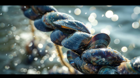 Colorful Mussels Cling to a Rope in Sparkling Water Under Bright Sunlight at a Coastal Location During a Calm Day. Generative AIの素材