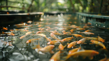 Koi Fish Swimming Peacefully in a Tranquil Pond Among Lush Greenery During Daylight Hours. Generative AIの素材