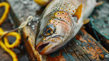Trout Caught in a Fishing Expedition on a Rainy Day at a Rustic Lakeside Dock in Autumn. Generative AIの素材