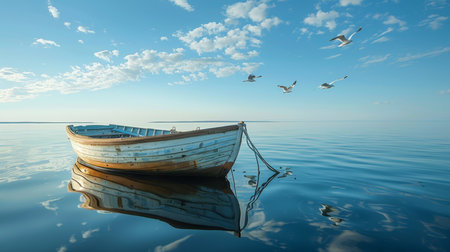 Calm Waters Reflect a Lonely Boat Surrounded by Seagulls on a Sunny Day in a Peaceful Coastal Area. Generative AIの素材