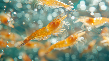 Underwater View of Orange Shrimp Swimming in Vibrant Blue Water, Showcasing Their Natural Habitat and Movement. Generative AIの素材