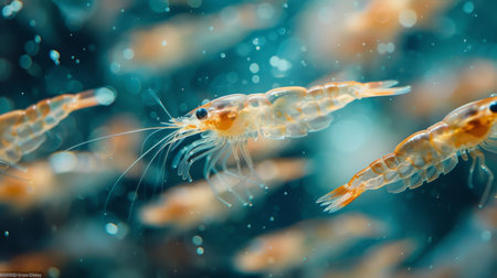 Close up View of Shrimps Swimming Gracefully in Clear Ocean Water During Day Time, Highlighting Their Delicate Features and Vibrant Colors. Generative AIの素材