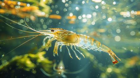 Close Encounter With a Translucent Shrimp Swimming Gracefully in a Clear Freshwater Habitat During Daylight, Showcasing Vibrant Aquatic Life. Generative AIの素材