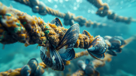 Underwater View of Mussels Growing on Ropes in a Marine Environment With Clear Blue Water and Sunlit Patterns Reflecting From the Surface. Generative AIの素材