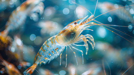 Detailed Close Up of a Vibrant Shrimp Swimming in a Clear Underwater Environment With Soft Bokeh Effects Visible Around. Generative AIの素材
