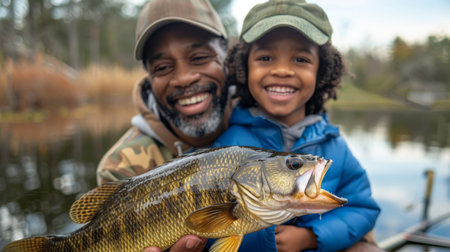 Fisherman Enjoys Quality Time With Grandson While Catching a Beautiful Bass at a Serene Lakeside in Autumn. Generative AIの素材