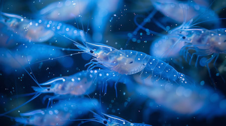 Vibrant Blue Shrimp Swimming Gracefully in an Aquatic Environment Showcasing Their Unique Translucent Bodies and Delicate Movements. Generative AIの素材