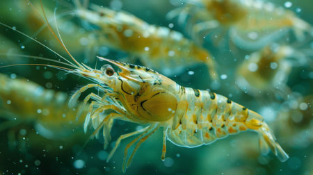 Colorful Shrimp Swim Gracefully in an Underwater Habitat Showcasing Vibrant Aquatic Life in a Clear Ocean Environment. Generative AIの素材