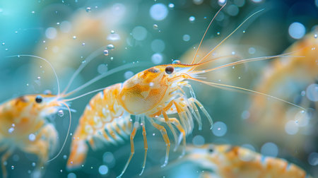 Close up View of Vibrant Shrimp Swimming in Clear Water With Bubbles in an Aquarium Setting Highlighting Their Colorful Features and Lively Movements. Generative AIの素材