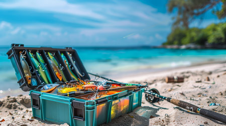 Bright Fishing Tackle Box Rests on Sandy Beach Near Clear Turquoise Water Under Sunny Sky With Trees in Background. Generative AIの素材