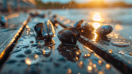 Rain Droplets Gather on Seashells Resting on a Wet Wooden Surface During a Beautiful Sunset Along the Shore. Generative AIの素材