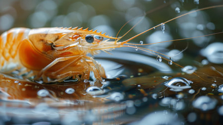 Captivating Close Up of a Shrimp Swimming in Water With Droplets Glistening Under Soft Light at an Aquarium Setting. Generative AIの素材