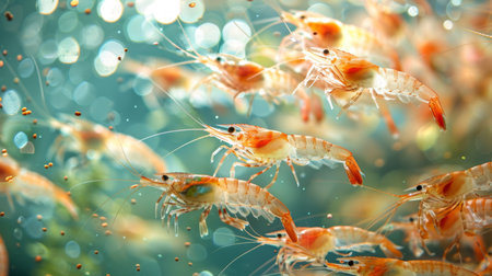 Colorful Shrimp Swim Gracefully in Clear Water, Showcasing Vibrant Hues and Delicate Movements During a Sunny Day in a Coastal Habitat. Generative AIの素材