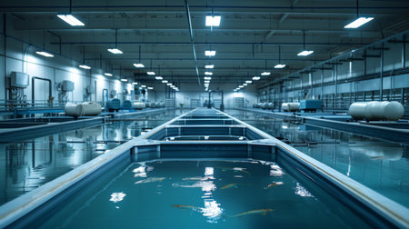 Inside a Modern Indoor Aquaculture Facility Showcasing Large Fish Tanks and Aquaponics Systems in an Industrial Setting During the Day. Generative AIの素材