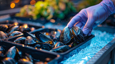 Fresh Seafood Showcased at a Bustling Market During the Evening, Highlighting a Vendor Hand Picking Clams From a Chilled Display. Generative AIの素材