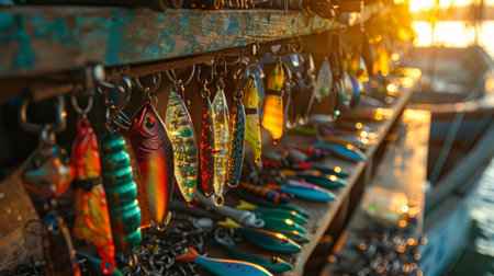 Colorful Fishing Lures Hang on a Rack at Sunset Near a Serene Harbor With Boats Docked in the Background. Generative AIの素材