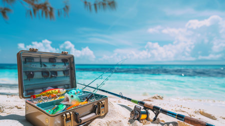 Fishing Tackle Box and Rod on Sandy Beach Near Clear Turquoise Water Under Sunny Sky Just Before Midday. Generative AIの素材