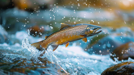 Brown Trout Leaps From Clear River Water in a Stunning Display of Natural Beauty During a Bright Sunny Day. Generative AIの素材