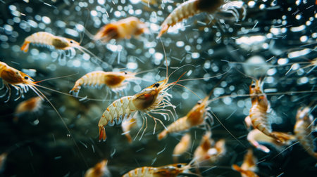 Close up of Freshwater Shrimp Swimming in a Clear Water Body Showcasing Their Vibrant Color and Unique Movements in Natural Habitat. Generative AIの素材