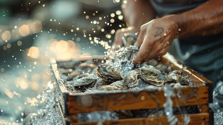 Hands Carefully Sorting and Cleaning Fresh Oysters in a Rustic Wooden Crate at a Coastal Location During a Sunny Day. Generative AIの素材